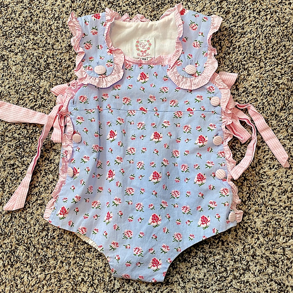 Blue Floral Girls Romper with Pink Gingham Ruffle